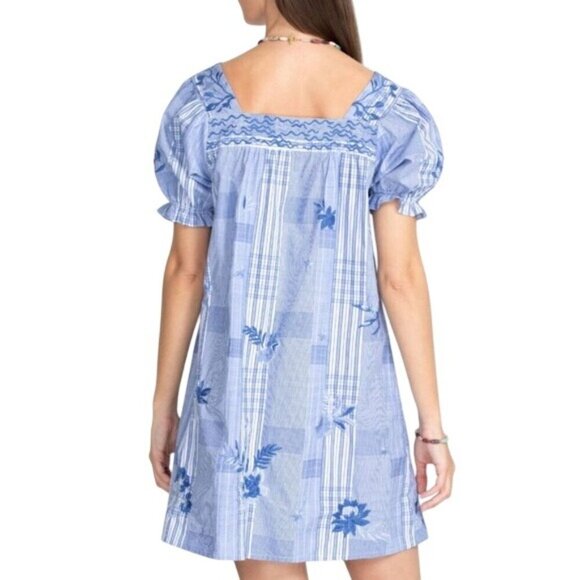 Johnny Was XL Marbella Square Neck Dress Blue Plaid Embroidered NWT MSRP $348 - Picture 8 of 8
